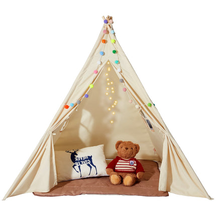 Kids Teepee Play Tent With Mat, Windows, Beige, 1-5 Years