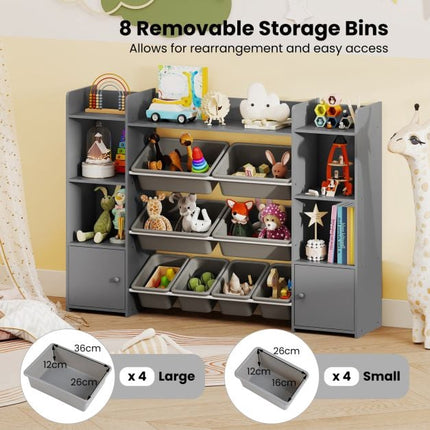 Rangement pour jouets d'enfants, 4 niveaux, 8 bacs, gris