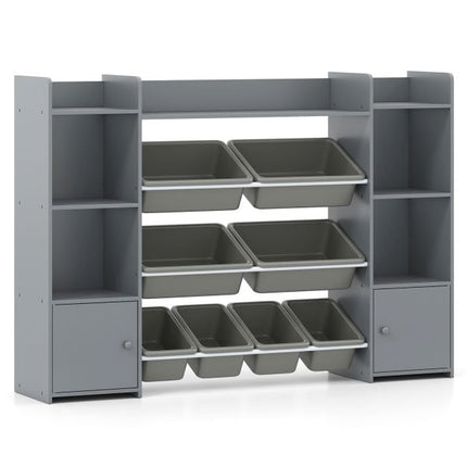 Rangement pour jouets d'enfants, 4 niveaux, 8 bacs, gris