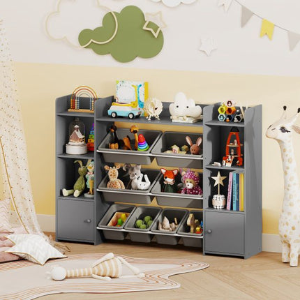 Rangement pour jouets d'enfants, 4 niveaux, 8 bacs, gris