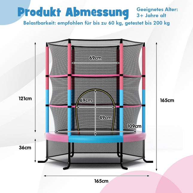 Trampoline pour enfants avec filet de sécurité, rose, capacité de charge de 135 kg