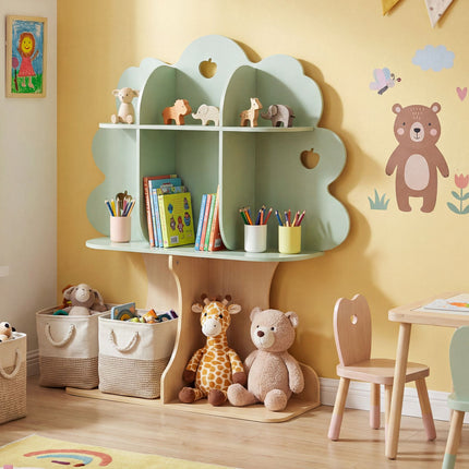 Étagère en forme d'arbre pour enfants, 114 cm de haut, 8 compartiments, verte