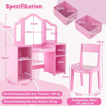 Kinder-Schminktisch & Schreibtisch-Set, 2-in-1 mit abnehmbarem Spiegel