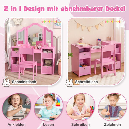 Kinder-Schminktisch & Schreibtisch-Set, 2-in-1 mit abnehmbarem Spiegel