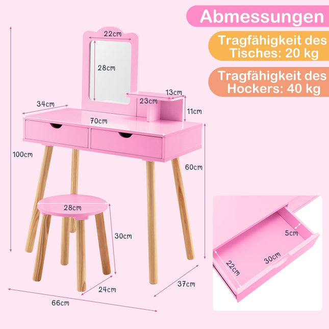 Ensemble coiffeuse et bureau pour enfants avec miroir amovible, rose