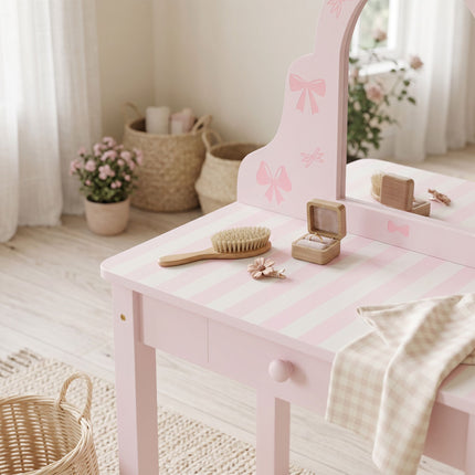 Ensemble coiffeuse et bureau pour enfants avec tabouret, rose et blanc, 3-6 ans