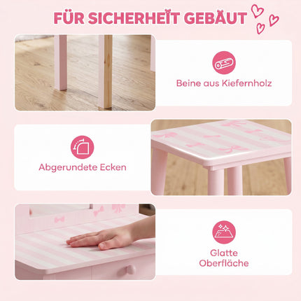 Ensemble coiffeuse et bureau pour enfants avec tabouret, rose et blanc, 3-6 ans