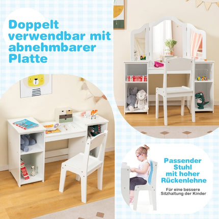 Ensemble coiffeuse et bureau pour enfants avec miroir triptyque, blanc