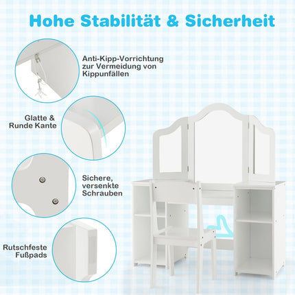 Ensemble coiffeuse et bureau pour enfants avec miroir triptyque, blanc
