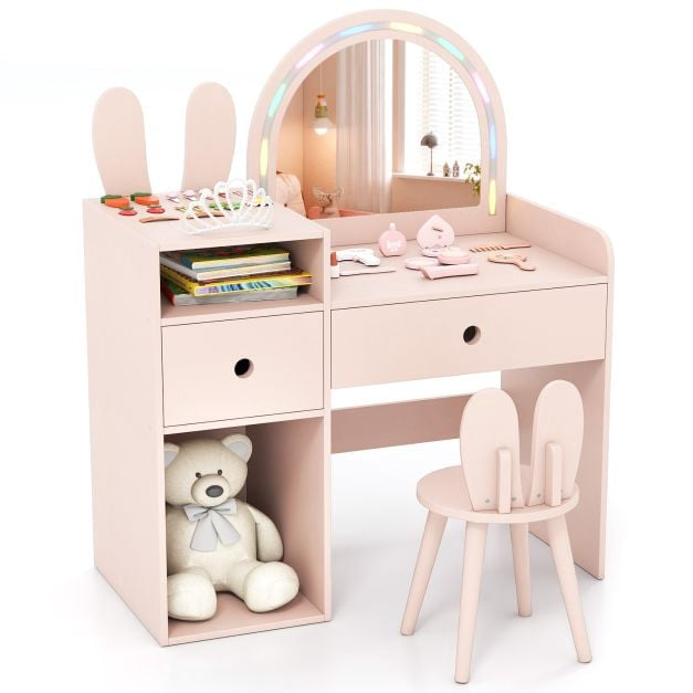 Ensemble coiffeuse et chaise pour enfant avec lumières et étagères, rose