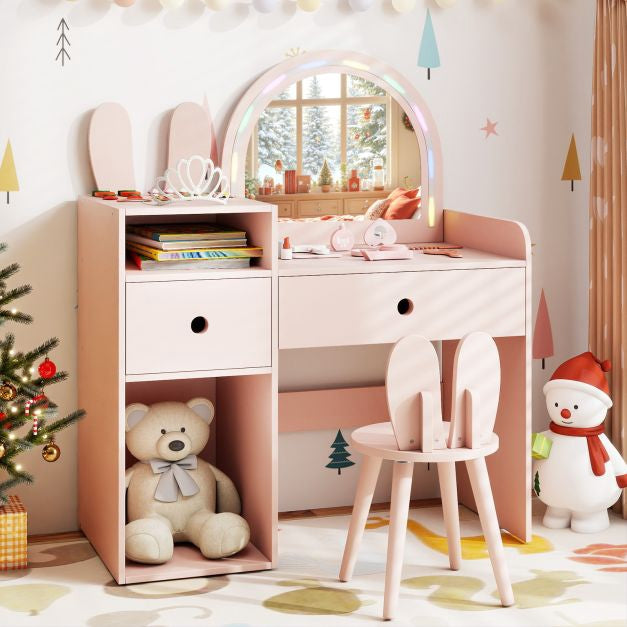 Ensemble coiffeuse et chaise pour enfant avec lumières et étagères, rose