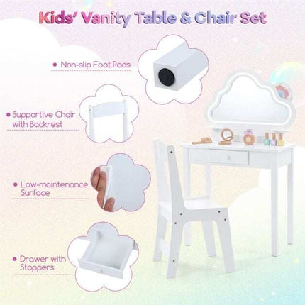 Ensemble coiffeuse enfant avec miroir nuage LED et tabouret, blanc