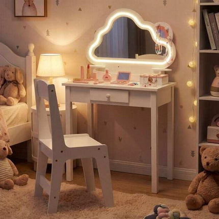 Ensemble coiffeuse enfant avec miroir nuage LED et tabouret, blanc