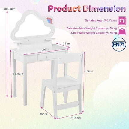 Ensemble coiffeuse enfant avec miroir nuage LED et tabouret, blanc