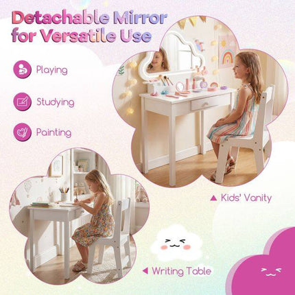 Ensemble coiffeuse enfant avec miroir nuage LED et tabouret, blanc