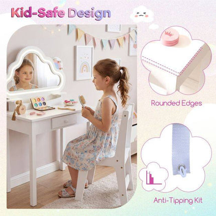 Ensemble coiffeuse enfant avec miroir nuage LED et tabouret, blanc