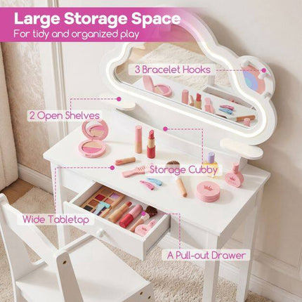 Ensemble coiffeuse enfant avec miroir nuage LED et tabouret, blanc