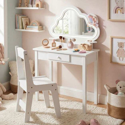 Ensemble coiffeuse enfant avec miroir nuage LED et tabouret, blanc