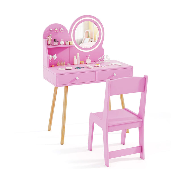 Ensemble coiffeuse pour enfants avec miroir lumineux, thème princesse rose