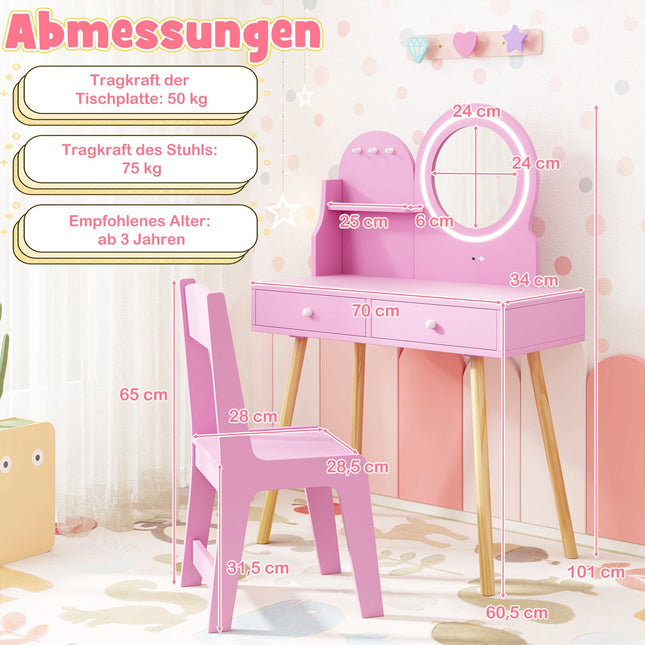 Ensemble coiffeuse pour enfants avec miroir lumineux, thème princesse rose