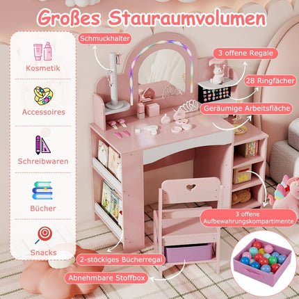 Kinderschminktisch-Set mit Spiegel, Lichtern und Stuhl – Rosa