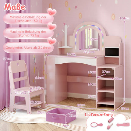 Kinderschminktisch-Set mit Spiegel, Lichtern und Stuhl – Rosa