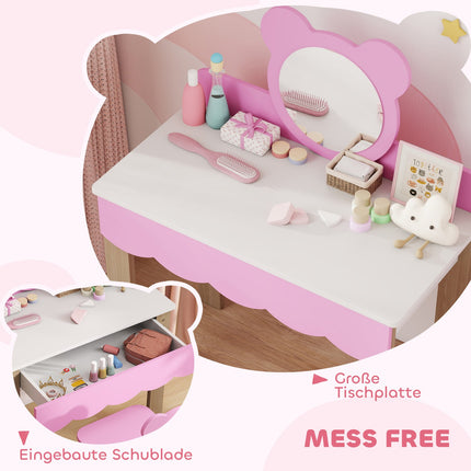 Kinderschminktisch mit Hocker, Bärenspiegel, Rosa MDF