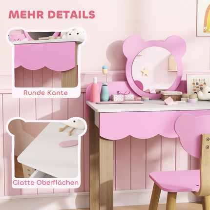 Kinderschminktisch mit Hocker, Bärenspiegel, Rosa MDF