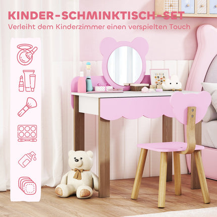 Kinderschminktisch mit Hocker, Bärenspiegel, Rosa MDF