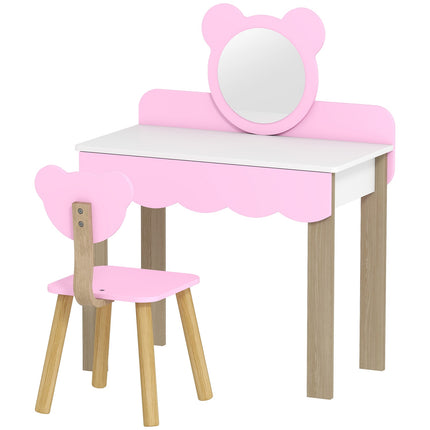 Kinderschminktisch mit Hocker, Bärenspiegel, Rosa MDF