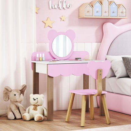 Kinderschminktisch mit Hocker, Bärenspiegel, Rosa MDF