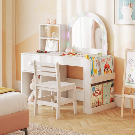 Kinderschminktisch- und Stuhlset mit beleuchtetem Spiegel, Weiß