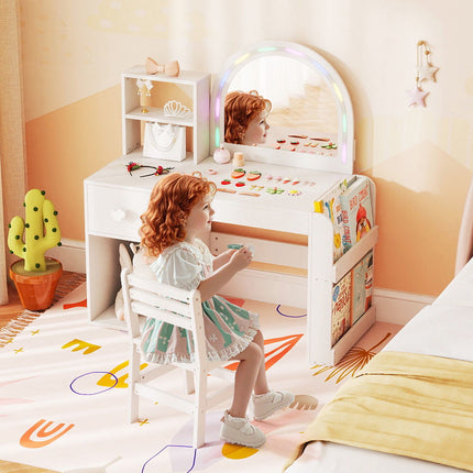 Kinderschminktisch- und Stuhlset mit beleuchtetem Spiegel, Weiß