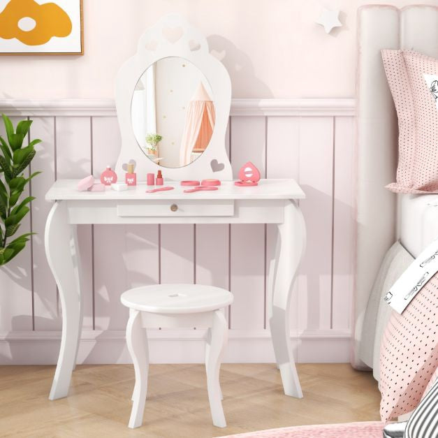 Ensemble coiffeuse enfant avec tabouret, miroir amovible et tiroir