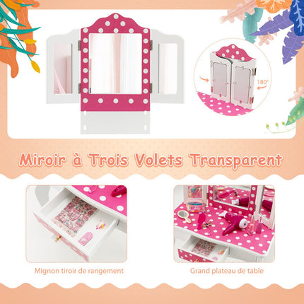 Ensemble coiffeuse enfant avec tabouret, miroir triptyque et tiroir