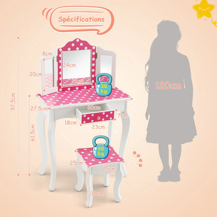 Ensemble coiffeuse enfant avec tabouret, miroir triptyque et tiroir