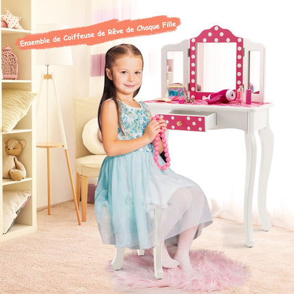 Ensemble coiffeuse enfant avec tabouret, miroir triptyque et tiroir