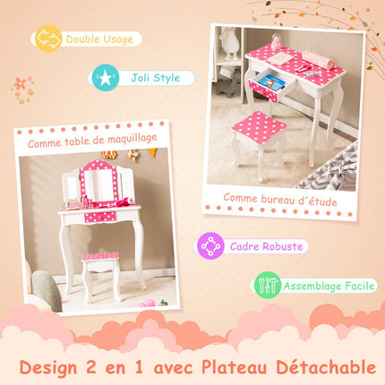 Ensemble coiffeuse enfant avec tabouret, miroir triptyque et tiroir
