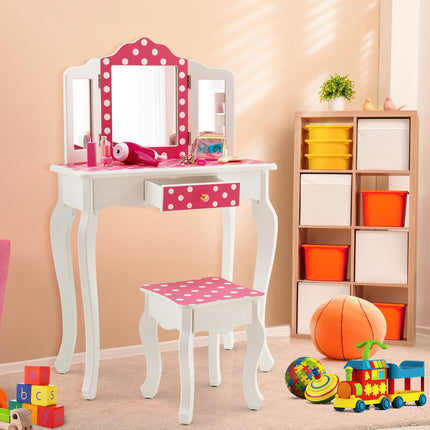 Ensemble coiffeuse enfant avec tabouret, miroir triptyque et tiroir