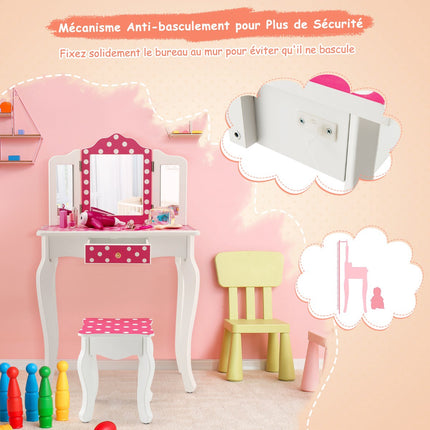 Ensemble coiffeuse enfant avec tabouret, miroir triptyque et tiroir
