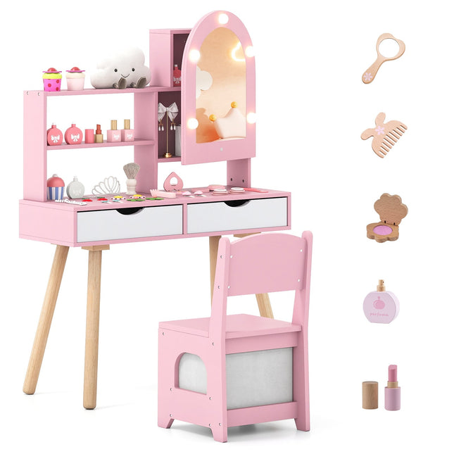 Ensemble coiffeuse enfant avec miroir LED 3 couleurs, rose