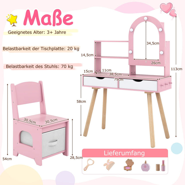 Ensemble coiffeuse enfant avec miroir LED 3 couleurs, rose
