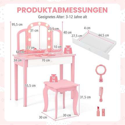 Kinderschminktisch-Set mit abnehmbarem Spiegel und Lichtern