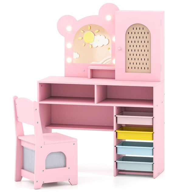 Ensemble coiffeuse pour enfant avec lumières, chaise et rangement, rose