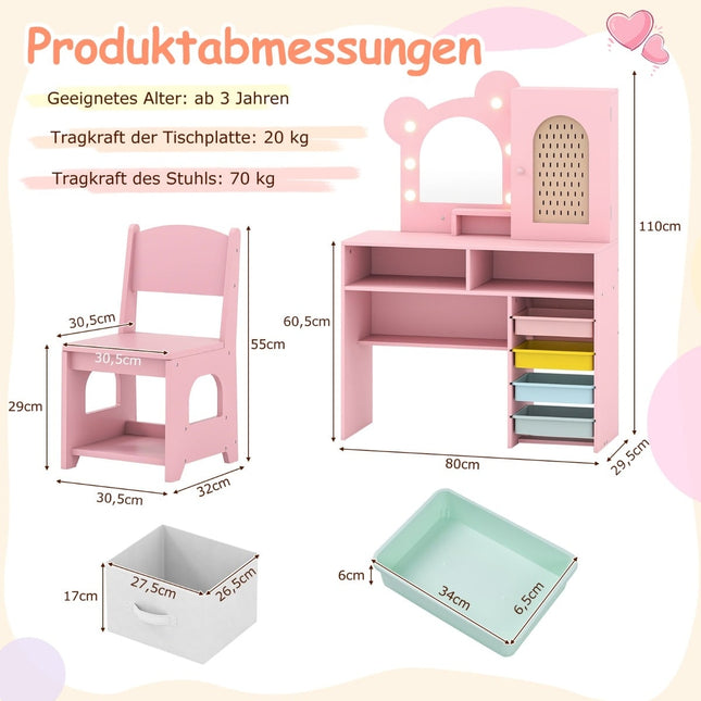 Ensemble coiffeuse pour enfant avec lumières, chaise et rangement, rose