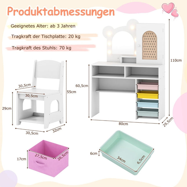 Ensemble coiffeuse pour enfants avec lumières, miroir et rangement