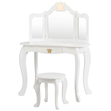 Kinderschminktisch mit Hocker, dreifach klappbarem Spiegel, Schublade