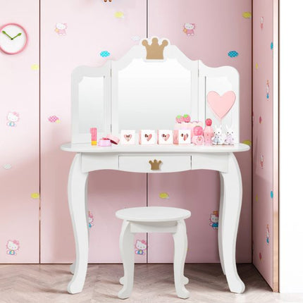 Kinderschminktisch mit Hocker, dreifach klappbarem Spiegel, Schublade