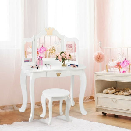 Kinderschminktisch mit Hocker, dreifach klappbarem Spiegel, Schublade