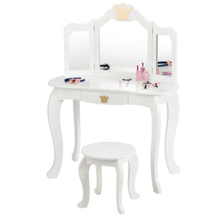 Kinderschminktisch mit Hocker, dreifach klappbarem Spiegel, Schublade